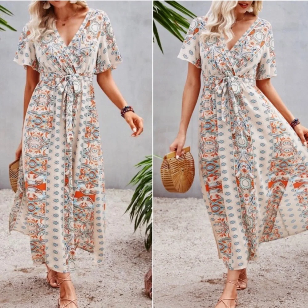 Boho  floral print butterfly sleeve maxi dress - Picture 3 of 8